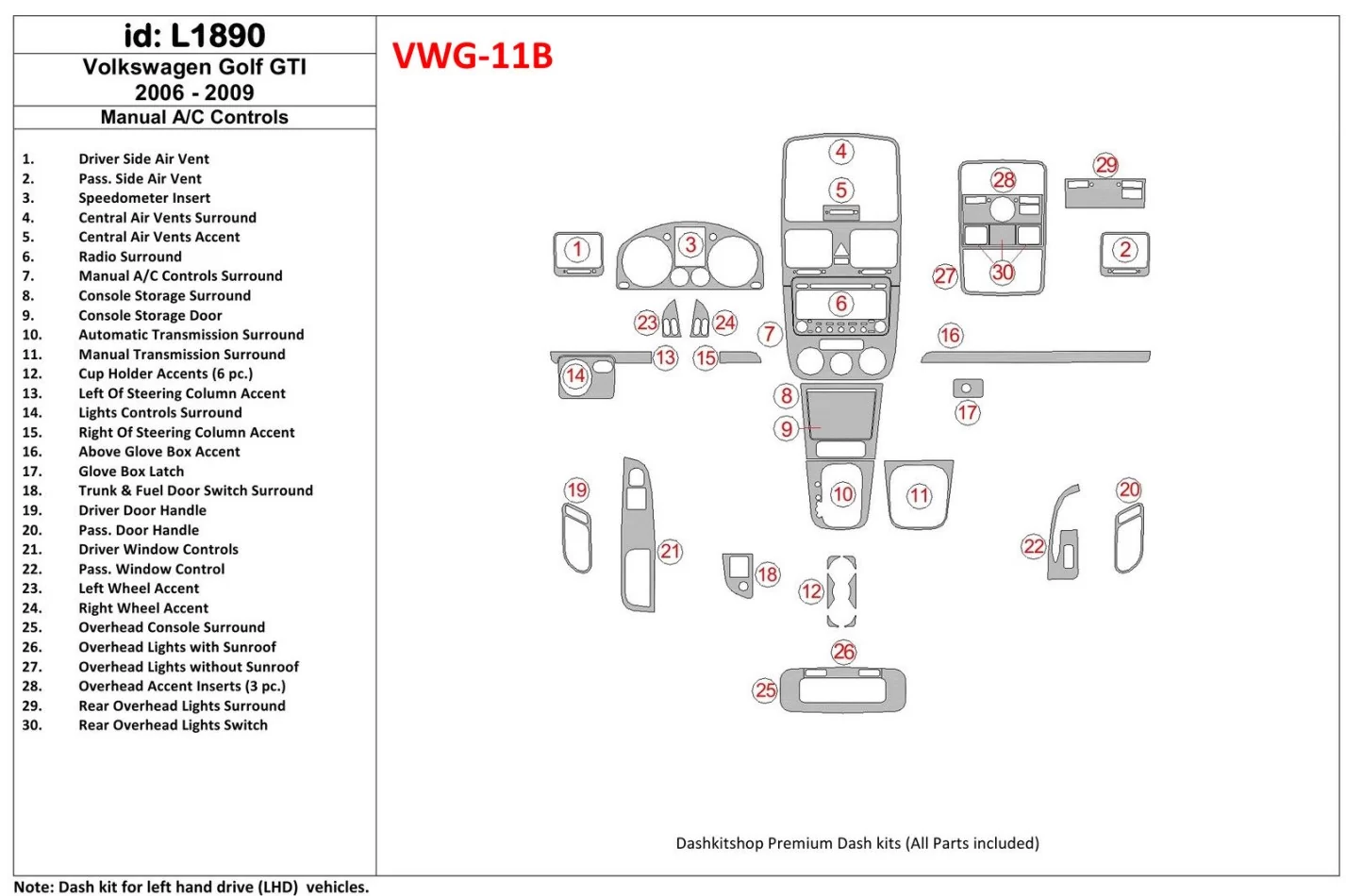 Volkswagen Golf V GTI 2006-UP Manual Gearbox A/C Control Interior BD Dash Trim Kit - 1 - Interior Dash Trim Kit