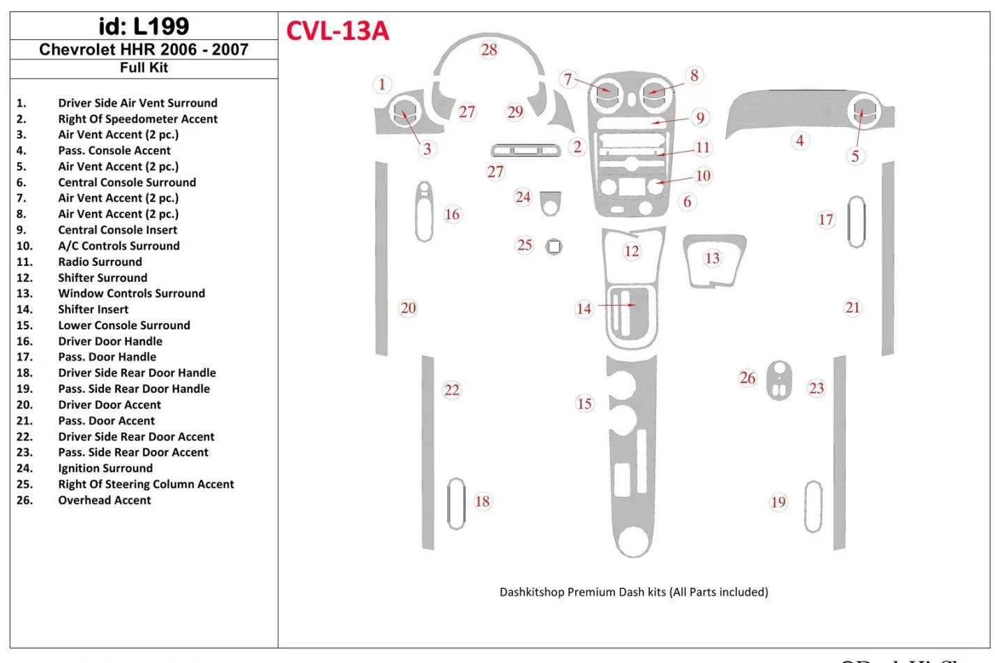 Chevrolet HHR 2006-2007 Ensemble complet de garnitures de tableau de bord intérieur BD - 1