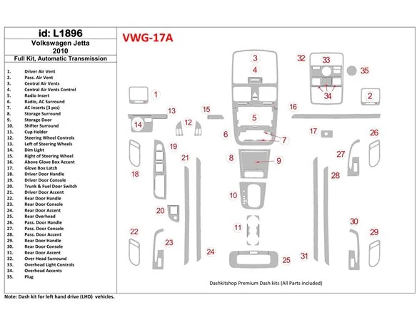 Volkswagen Jetta 2010-2010 Ensemble complet, kit de garniture de tableau de bord intérieur BD à engrenage automatique