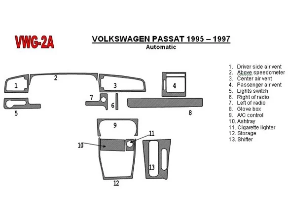 Volkswagen Passat 1995-1997 Automatische Versnellingsbak, 11 Onderdelen set Interieur BD Dash Trim Kit