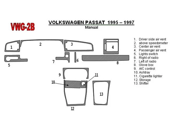 Volkswagen Passat 1995-1997 Handgeschakelde Versnellingsbak, 11 Delige set Interieur BD Dash Trim Kit