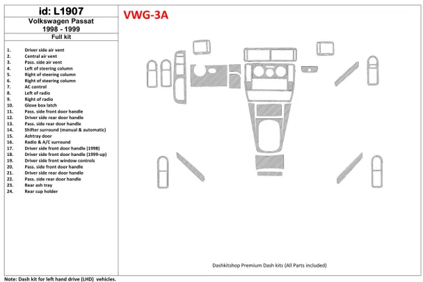 Volkswagen Passat 1998-1999 Ensemble complet, ensemble de 24 pièces Kit de garniture de tableau de bord intérieur BD - 1 Volkswagen Passat 1998-1999 Ensemble complet, ensemble de 24 pièces Kit de garniture de tableau de bord intérieur BD - 1