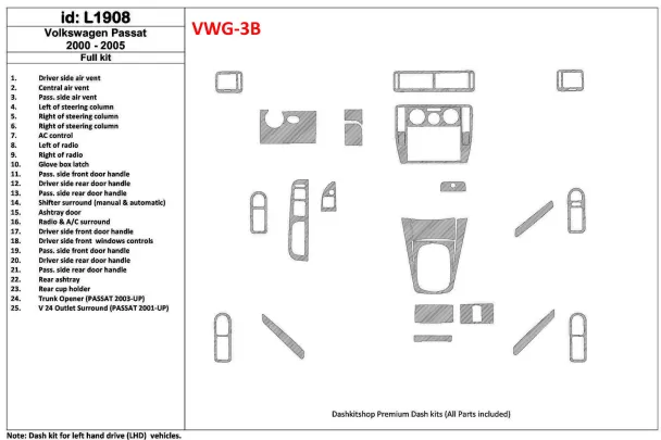 Volkswagen Passat 2000-2005 Full Set, 24 Parts set Interior BD Dash Trim Kit - 1 - Interior Dash Trim Kit Volkswagen Passat 2000-2005 Full Set, 24 Parts set Interior BD Dash Trim Kit - 1 - Interior Dash Trim Kit