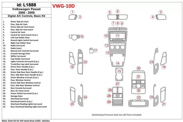 Volkswagen Passat 2006-2009 Automatique AC, Kit de garniture de tableau de bord intérieur BD de base - 1 Volkswagen Passat 2006-2009 Automatique AC, Kit de garniture de tableau de bord intérieur BD de base - 1