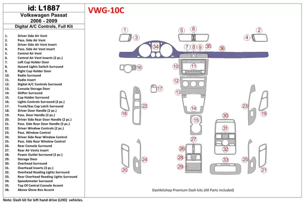 Volkswagen Passat 2006-2009 Full Set, Automatic AC Control Interior BD Dash Trim Kit - 1 - Interior Dash Trim Kit Volkswagen Passat 2006-2009 Full Set, Automatic AC Control Interior BD Dash Trim Kit - 1 - Interior Dash Trim Kit