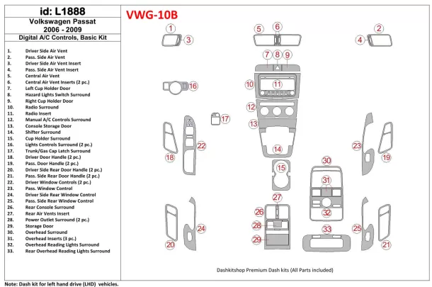 Volkswagen Passat 2006-2009 Boîte de vitesses manuelle Commandes AC, Kit de garniture de tableau de bord intérieur BD de base - Volkswagen Passat 2006-2009 Boîte de vitesses manuelle Commandes AC, Kit de garniture de tableau de bord intérieur BD de base -