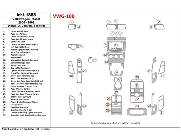 Volkswagen Passat 2006-2009 Handgeschakelde Versnellingsbak AC Bediening, Basic Set Interieur BD Dash Trim Kit - 1