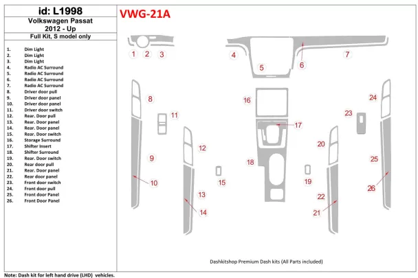 Volkswagen Passat B7 2012-UP S Model Interior BD Dash Trim Kit - 1 - Interior Dash Trim Kit Volkswagen Passat B7 2012-UP S Model Interior BD Dash Trim Kit - 1 - Interior Dash Trim Kit