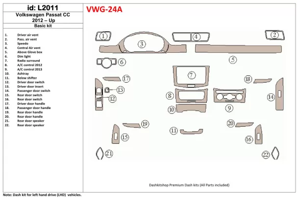 Volkswagen Passat CC 2012-UP Kit de décoration de tableau de bord intérieur BD - 1 Volkswagen Passat CC 2012-UP Kit de décoration de tableau de bord intérieur BD - 1