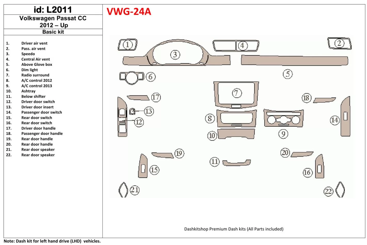 Volkswagen Passat CC 2012-UP Kit de décoration de tableau de bord intérieur BD - 1