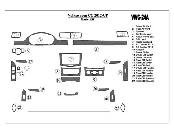 Volkswagen Passat CC 2012-UP Basisset Interieur BD Dash Trim Kit
