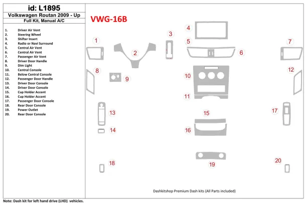 Volkswagen Routan 2009-UP Volledige set, handgeschakelde versnellingsbak AC Interieur BD Dash Trim Kit - 1 Volkswagen Routan 2009-UP Volledige set, handgeschakelde versnellingsbak AC Interieur BD Dash Trim Kit - 1