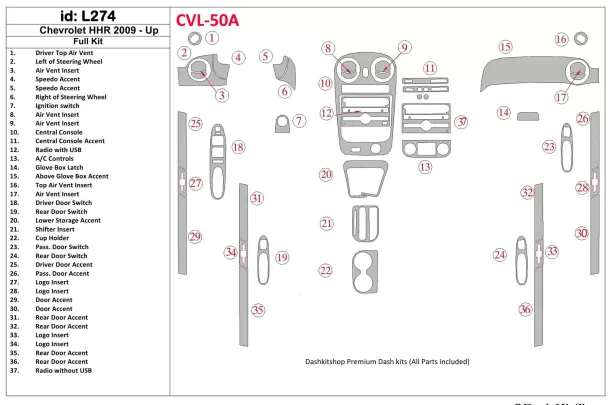 Chevrolet HHR 2009-UP Kit complet de garnitures de tableau de bord intérieur BD - 1 Chevrolet HHR 2009-UP Kit complet de garnitures de tableau de bord intérieur BD - 1