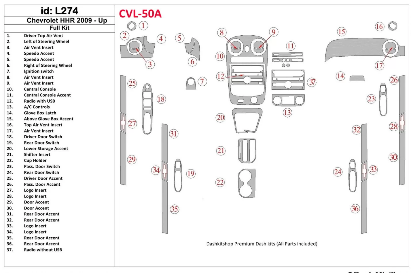 Chevrolet HHR 2009-UP Kit complet de garnitures de tableau de bord intérieur BD - 1