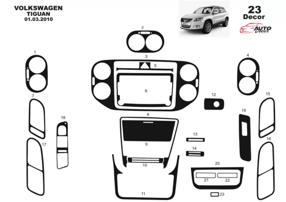 Volkswagen Tiguan 09.2011 Kit de garniture de tableau de bord intérieur 3D Dash Trim Dekor 23-Parts - 1 Volkswagen Tiguan 09.2011 Kit de garniture de tableau de bord intérieur 3D Dash Trim Dekor 23-Parts - 1