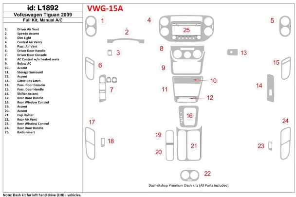 Volkswagen Tiguan 2009-2009 Ensemble complet, Boîte de vitesses manuelle AC Intérieur BD Dash Trim Kit - 1 Volkswagen Tiguan 2009-2009 Ensemble complet, Boîte de vitesses manuelle AC Intérieur BD Dash Trim Kit - 1