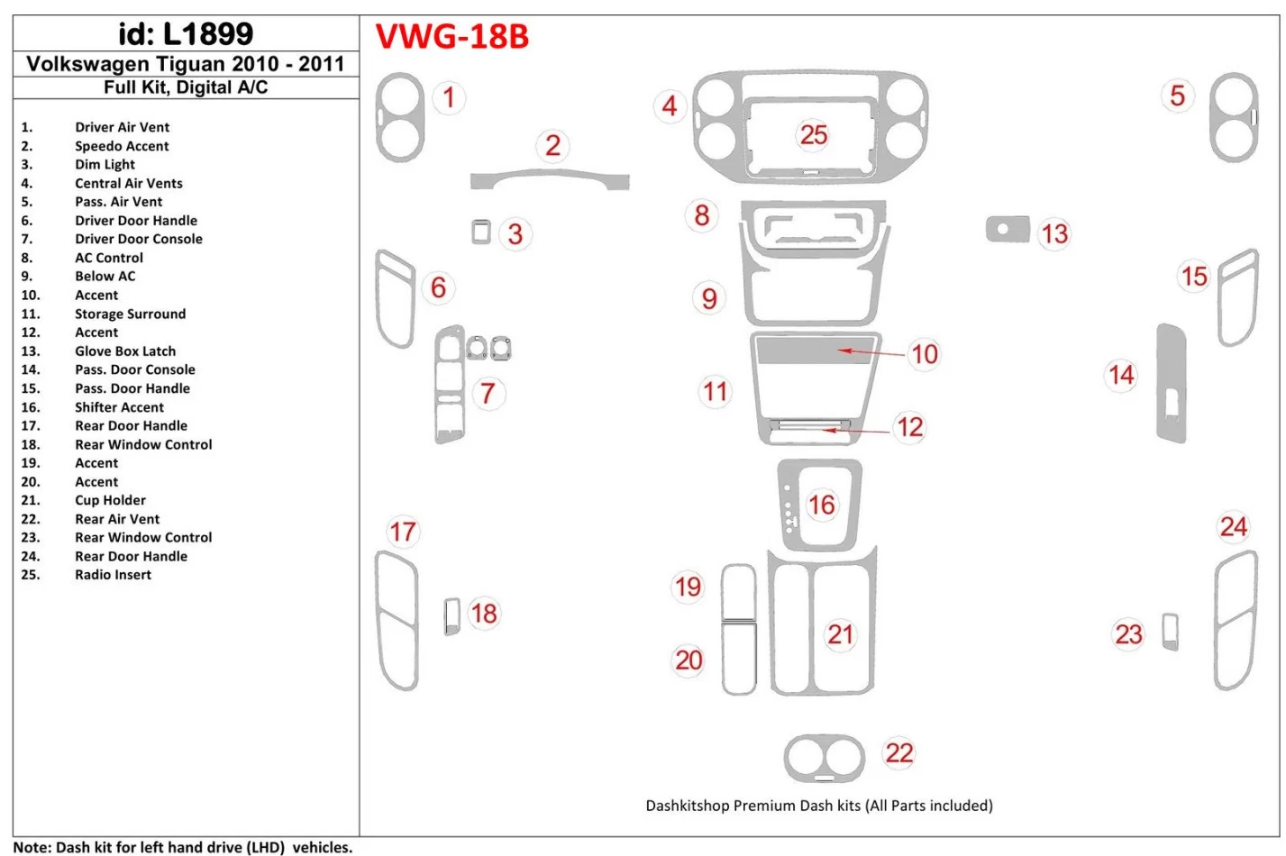 Volkswagen Tiguan 2010-UP Ensemble complet, kit de garniture de tableau de bord intérieur BD à contrôle automatique de la climat