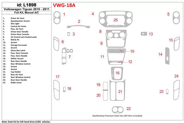 Volkswagen Tiguan 2010-UP Ensemble complet, boîte de vitesses manuelle AC Control Interior BD Dash Trim Kit - 1 Volkswagen Tiguan 2010-UP Ensemble complet, boîte de vitesses manuelle AC Control Interior BD Dash Trim Kit - 1