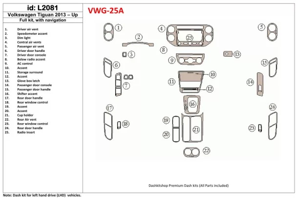 Volkswagen Tiguan 2013-UP Ensemble complet, avec kit de garniture de tableau de bord intérieur NAVI BD - 1 Volkswagen Tiguan 2013-UP Ensemble complet, avec kit de garniture de tableau de bord intérieur NAVI BD - 1