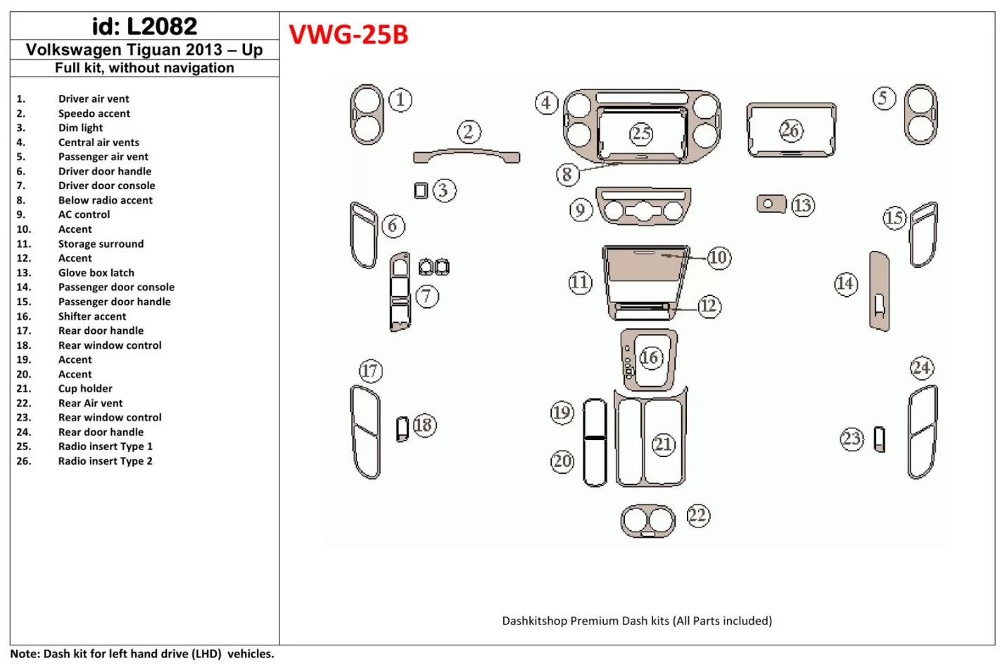 Volkswagen Tiguan 2013-UP Ensemble complet, sans kit de décoration de tableau de bord intérieur NAVI BD - 1