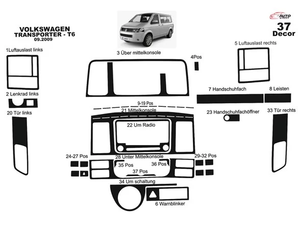 Volkswagen Transporter T6 09.2009 3D Interior Custom Dash Trim Kit 37-Parts