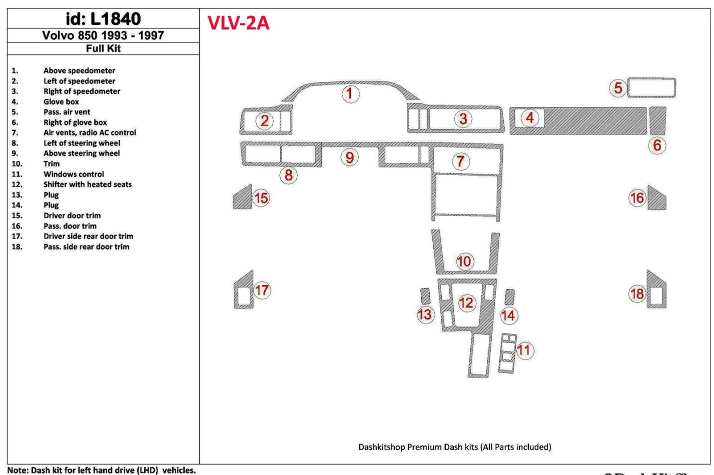 Volvo 850 1993-1997 Kit complet de garnitures de tableau de bord intérieur BD - 1