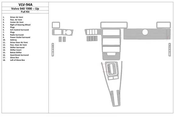 Volvo 940 10.90-04.98 Kit de garniture de tableau de bord intérieur 3D Dash Trim Dekor 18-Parts - 1