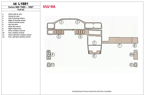 Volvo 960 1995-1997 Kit complet de garnitures de tableau de bord intérieur BD - 1