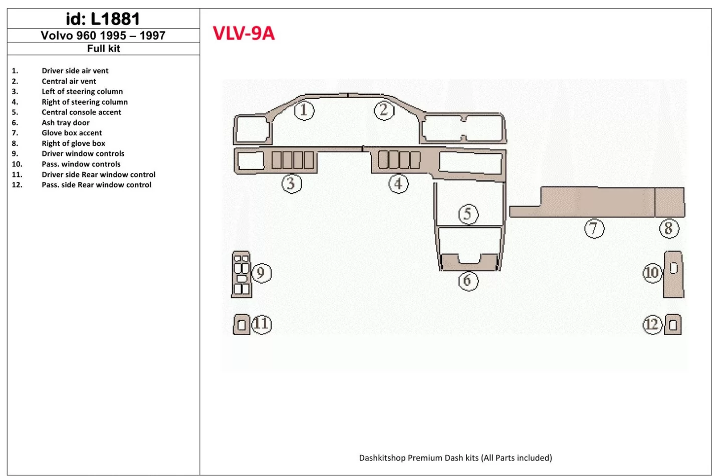 Volvo 960 1995-1997 Kit complet de garnitures de tableau de bord intérieur BD - 1