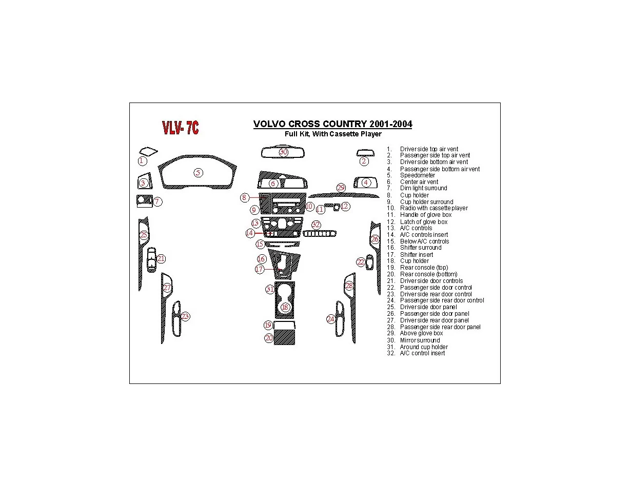 Ensemble complet Volvo Cross Country 2001-2004, avec lecteur de cassette compact, kit de garniture de tableau de bord intérieur 