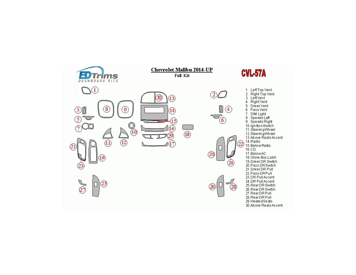Chevrolet Malibu 2014-2016 Full Set Interior BD Dash Trim Kit - 1 - Interior Dash Trim Kit