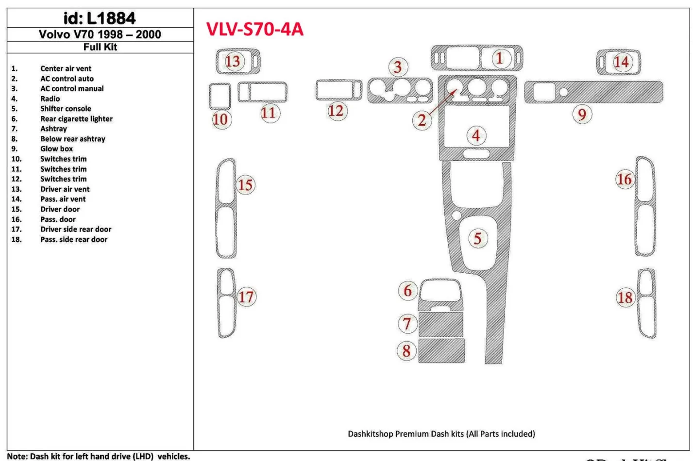 Volvo S70 1998-2000 Ensemble complet, ensemble de 18 pièces Kit de garniture de tableau de bord intérieur BD - 1