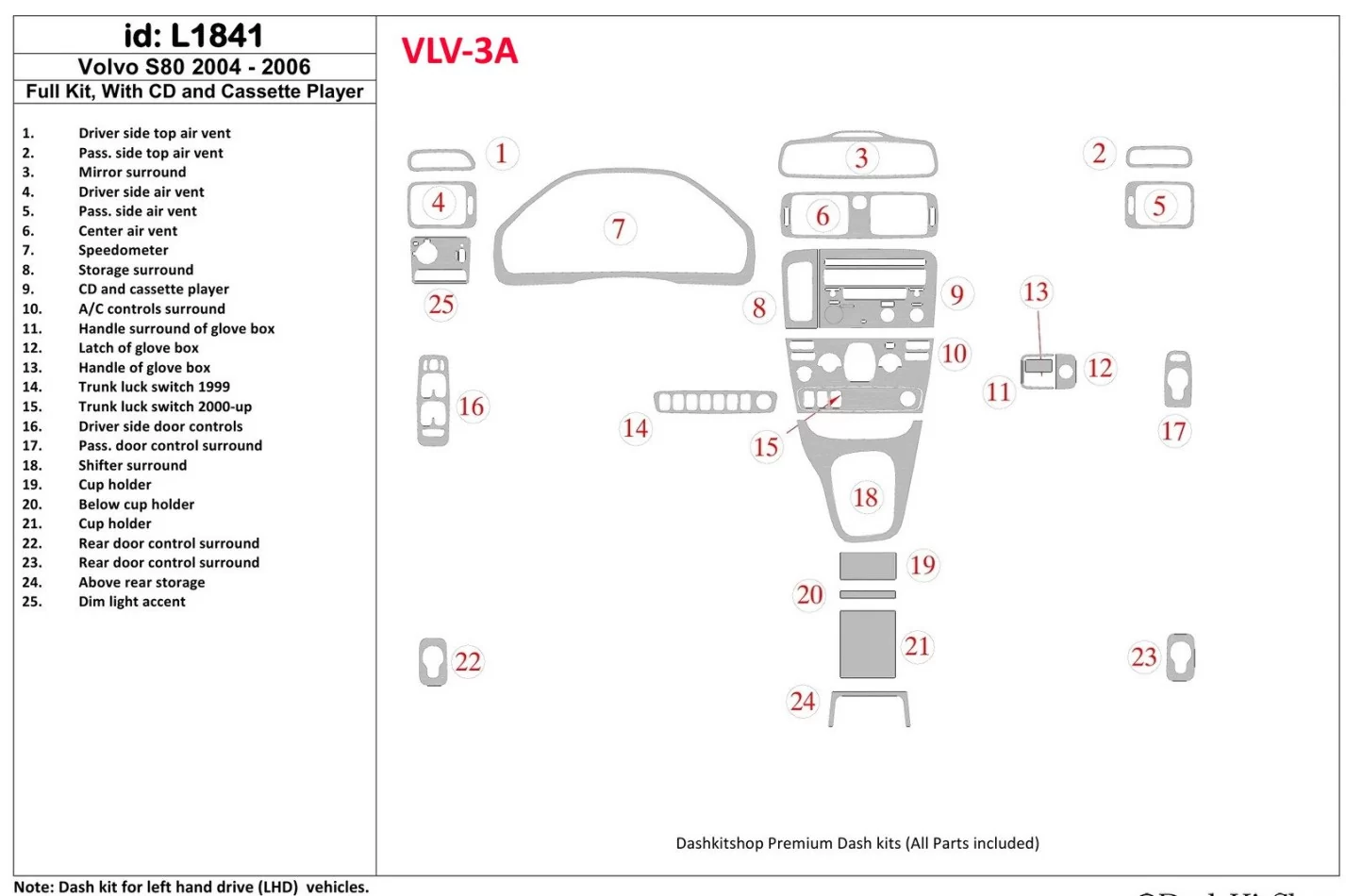 Volvo S80 2004-2006 Full Set, With CD and Compact Casette audio Interior BD Dash Trim Kit - 1 - Interior Dash Trim Kit