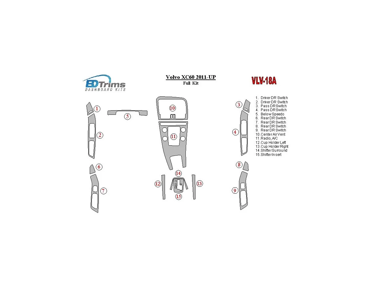 Volvo XC60 2011-UP Kit de garniture de tableau de bord intérieur BD complet - 1