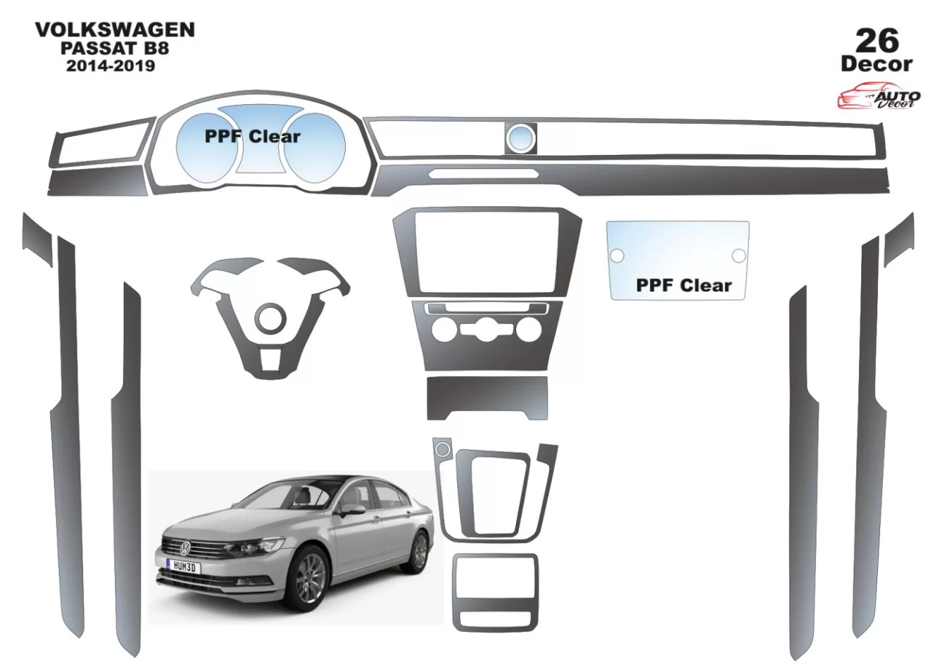 Volkswagen Passat B8 2015-2018 Kit de garniture de tableau de bord intérieur 3D Dash Trim Dekor 26-Parts - 1