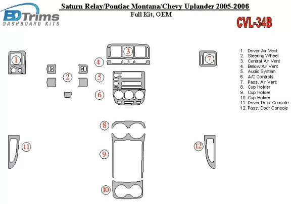 Chevrolet Uplander 2005-UP volledige set, OEM interieur BD dashboardafwerkingsset - 1 Chevrolet Uplander 2005-UP volledige set, OEM interieur BD dashboardafwerkingsset - 1