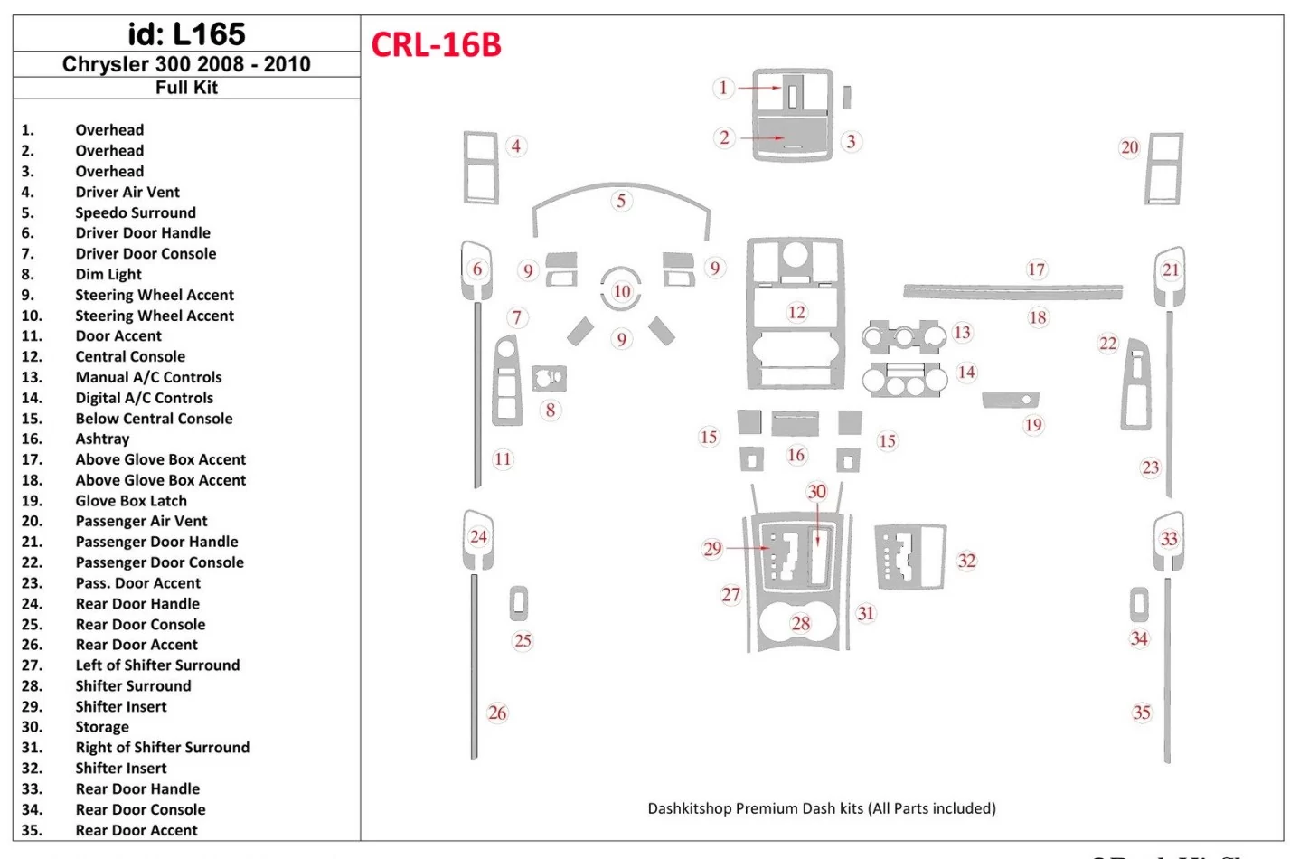 Chrysler 300 2008-UP Kit de garniture de tableau de bord intérieur BD complet - 1