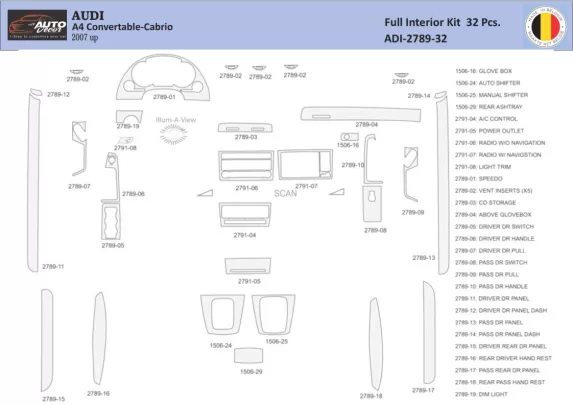 Audi A4 B7 Cabrio 2004–2008 Interior WHZ Dashboard trim kit 32 Parts - 1 - Interior Dash Trim Kit