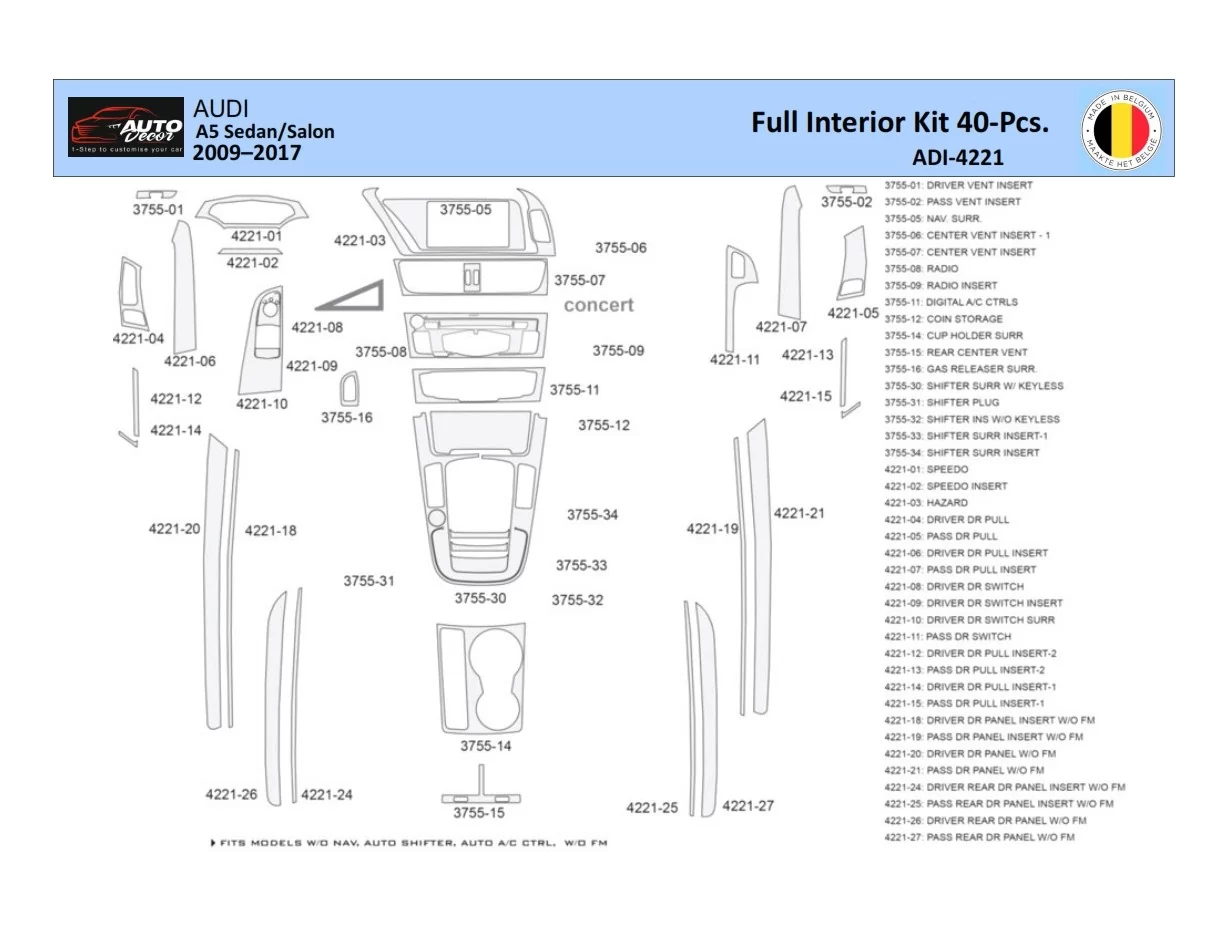 Audi A5 2008–2016 Intérieur WHZ Kit de décoration de tableau de bord 40 pièces - 1