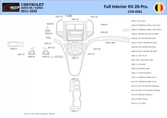 Chevrolet Aveo T300 2012–2020 Intérieur WHZ Kit de garniture de tableau de bord 20 pièces - 1