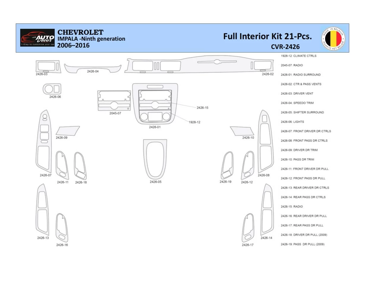 Chevrolet Impala 2006-2015 Intérieur WHZ Kit de garniture de tableau de bord 21 pièces - 1