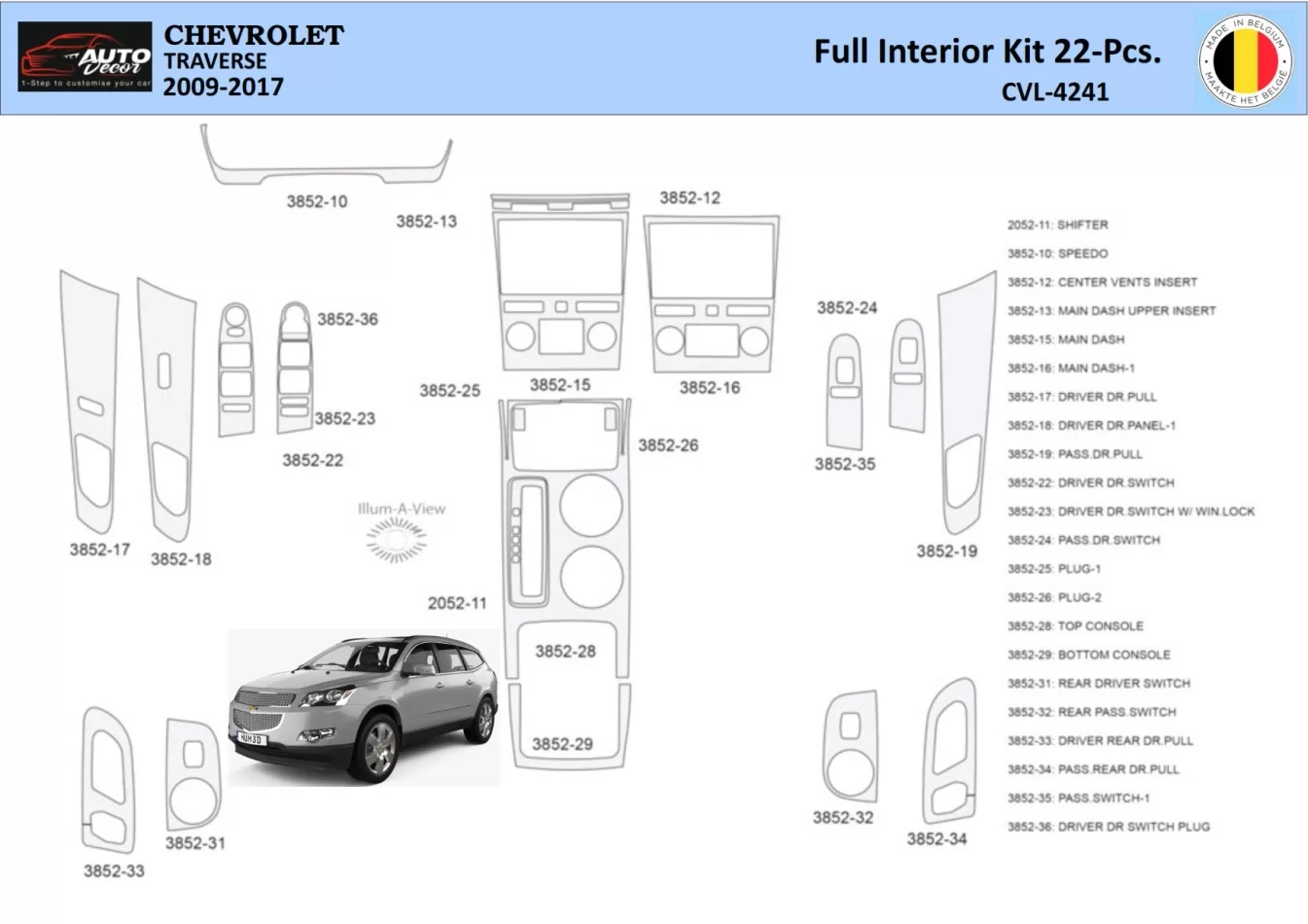Chevrolet Traverse 2013-2017 Intérieur WHZ Kit de garniture de tableau de bord 22 pièces - 1