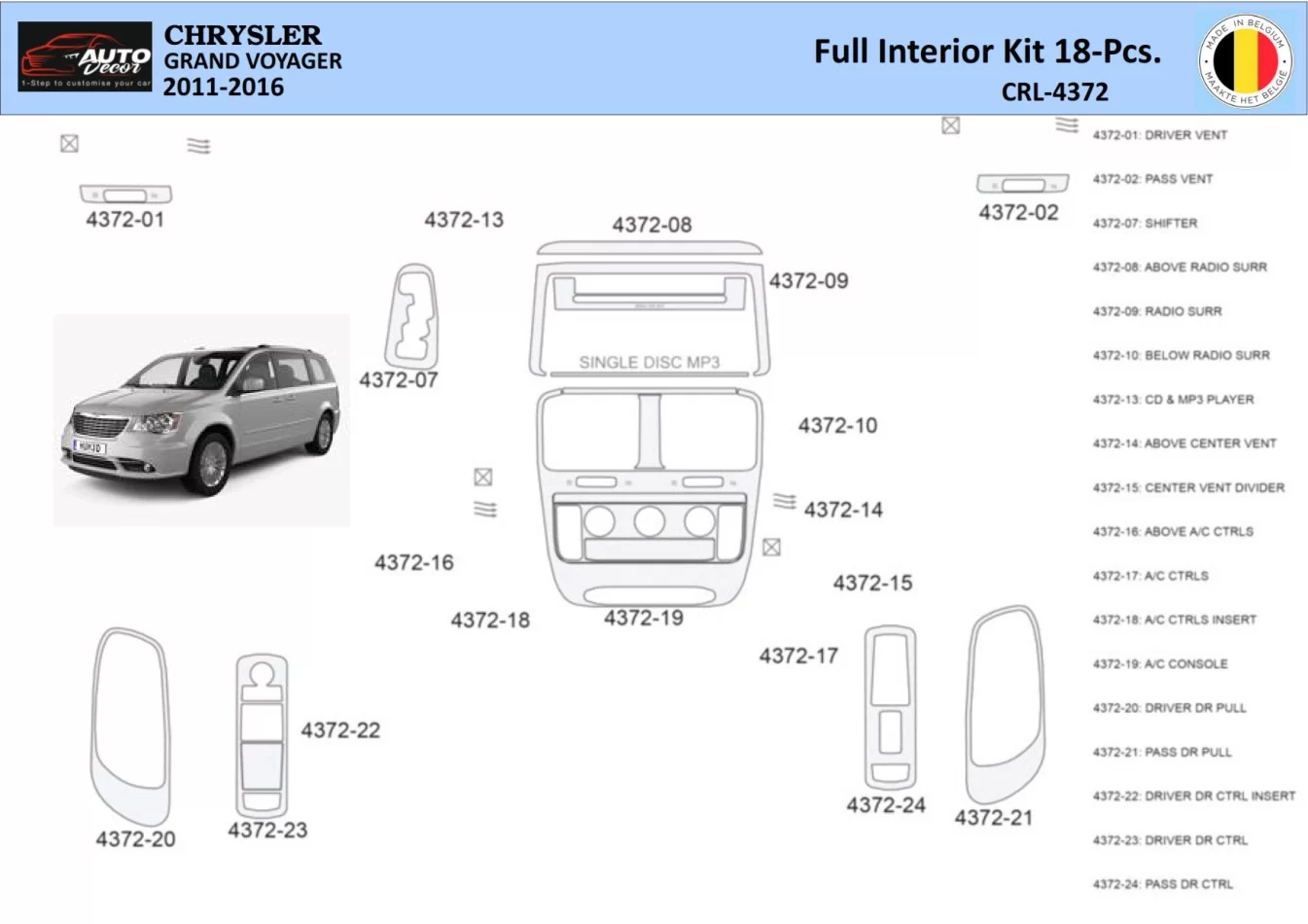Chrysler Grand Voyager 2011-2016 Intérieur WHZ Kit de garniture de tableau de bord 18 pièces - 1