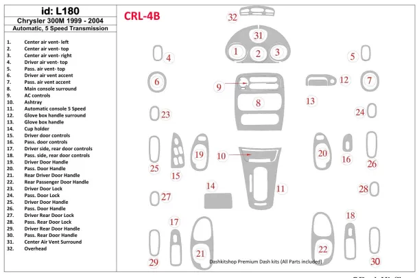 Chrysler 300M 1999-UP Chrysler 300M, 5 Gears-Automatic Gearbox Interior BD Dash Trim Kit - 1