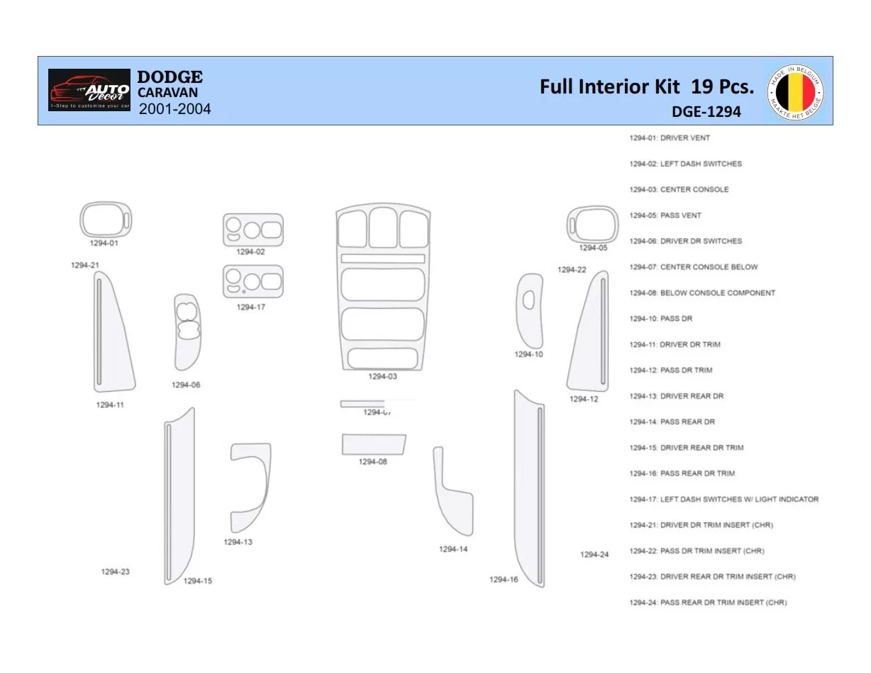 Dodge Caravan 2001-2004 Intérieur WHZ Kit de garniture de tableau de bord 19 pièces - 1