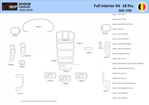 Dodge Caravan 2005-2007 Intérieur WHZ Kit de garniture de tableau de bord 18 pièces - 1
