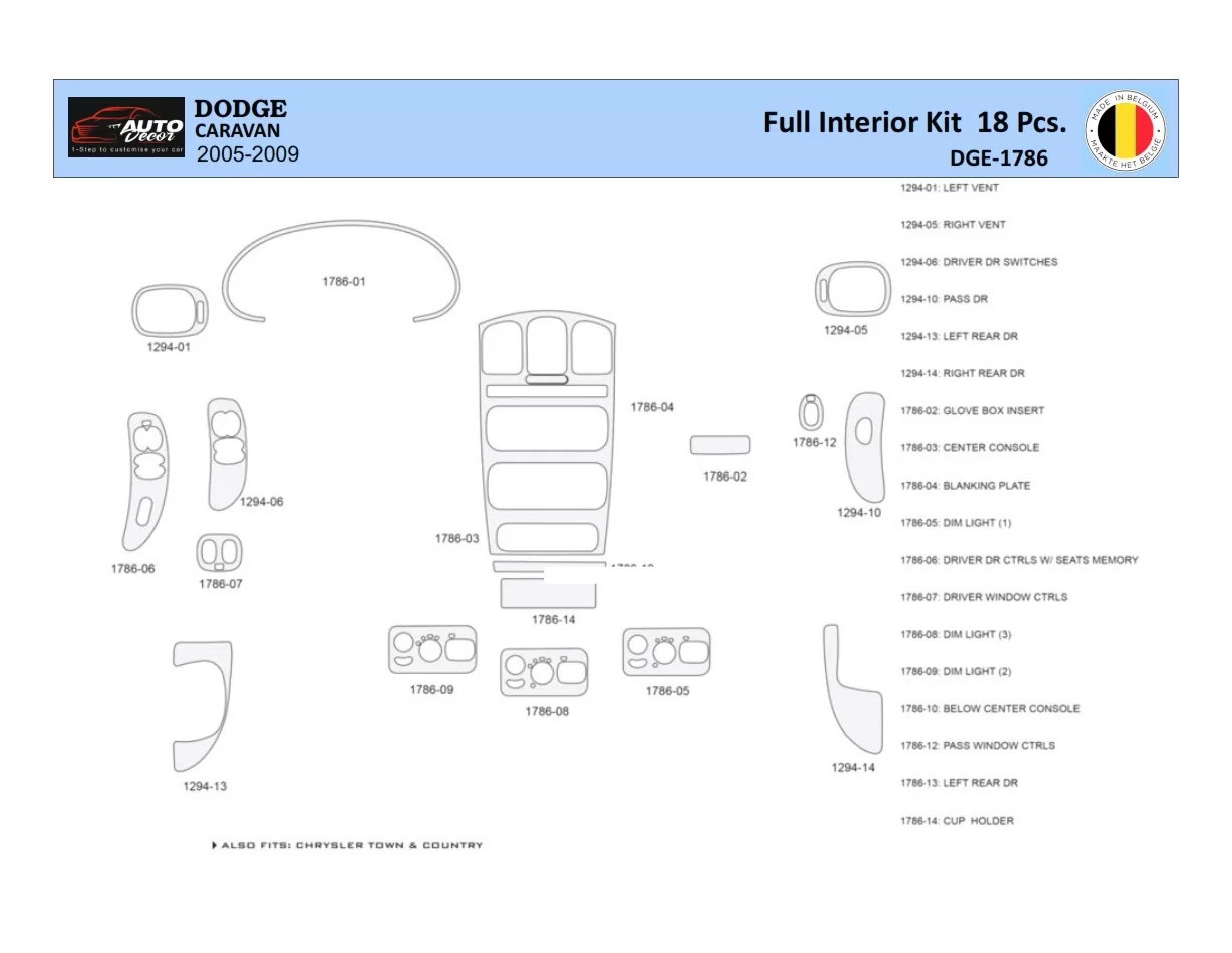 Dodge Caravan 2005-2007 Intérieur WHZ Kit de garniture de tableau de bord 18 pièces - 1