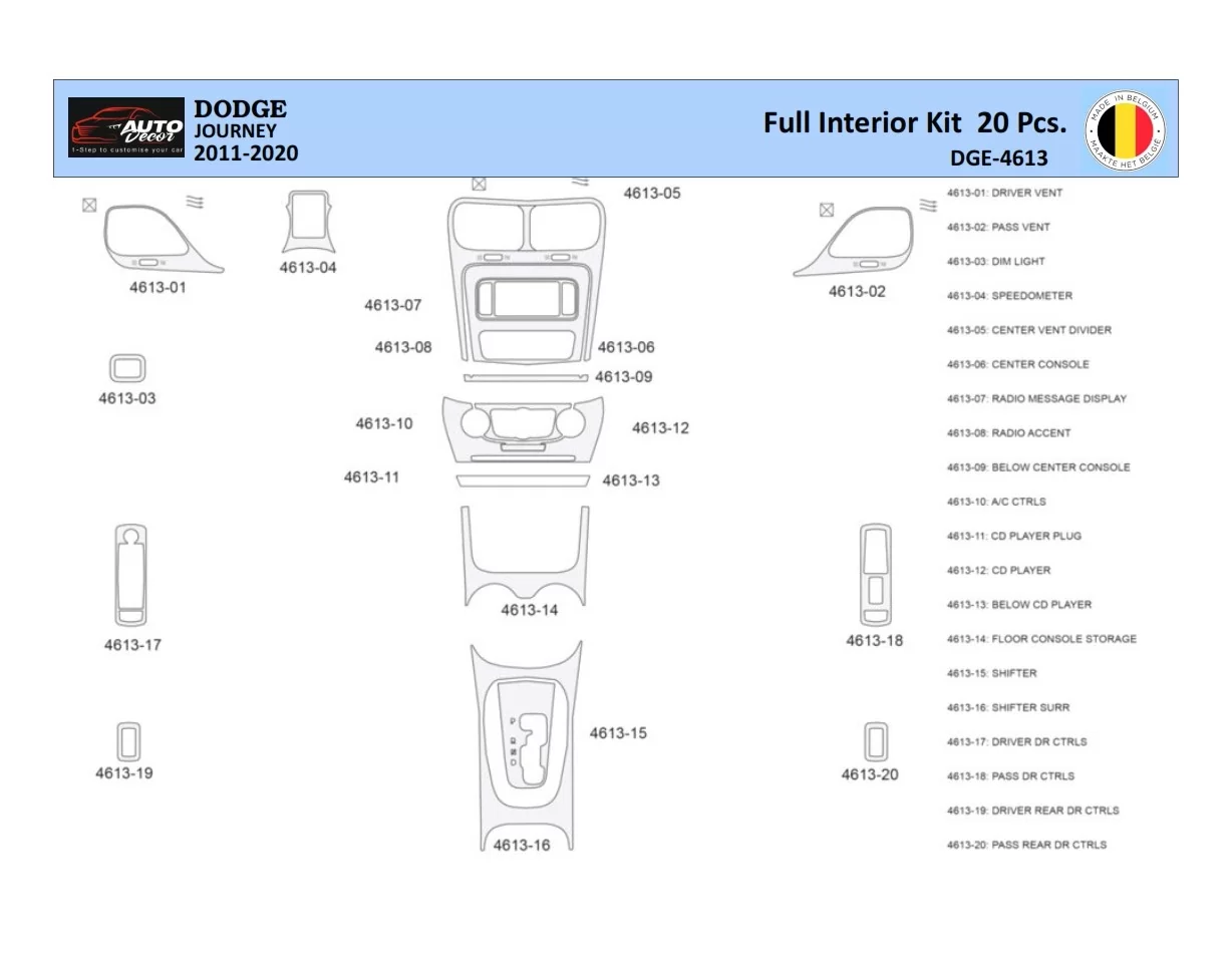 Dodge Journey 2011-2022 Intérieur WHZ Kit de garniture de tableau de bord 20 pièces - 1