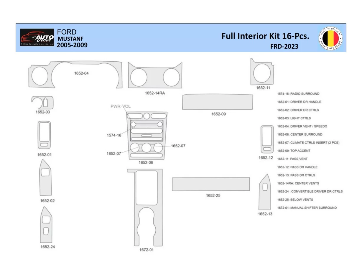 Ford Mustang 2005-2009 Intérieur WHZ Kit de garniture de tableau de bord 16 pièces - 1