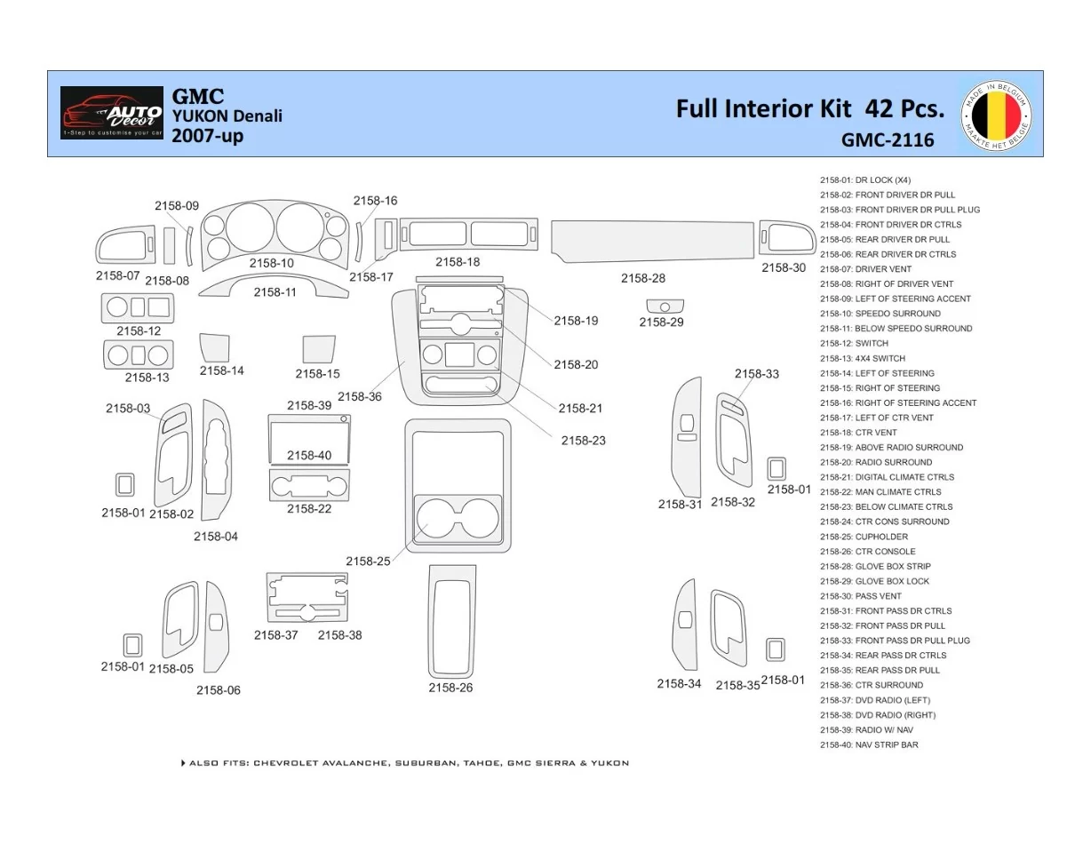 GMC Yukon 2007-2014 Intérieur WHZ Kit de garniture de tableau de bord 42 pièces - 1